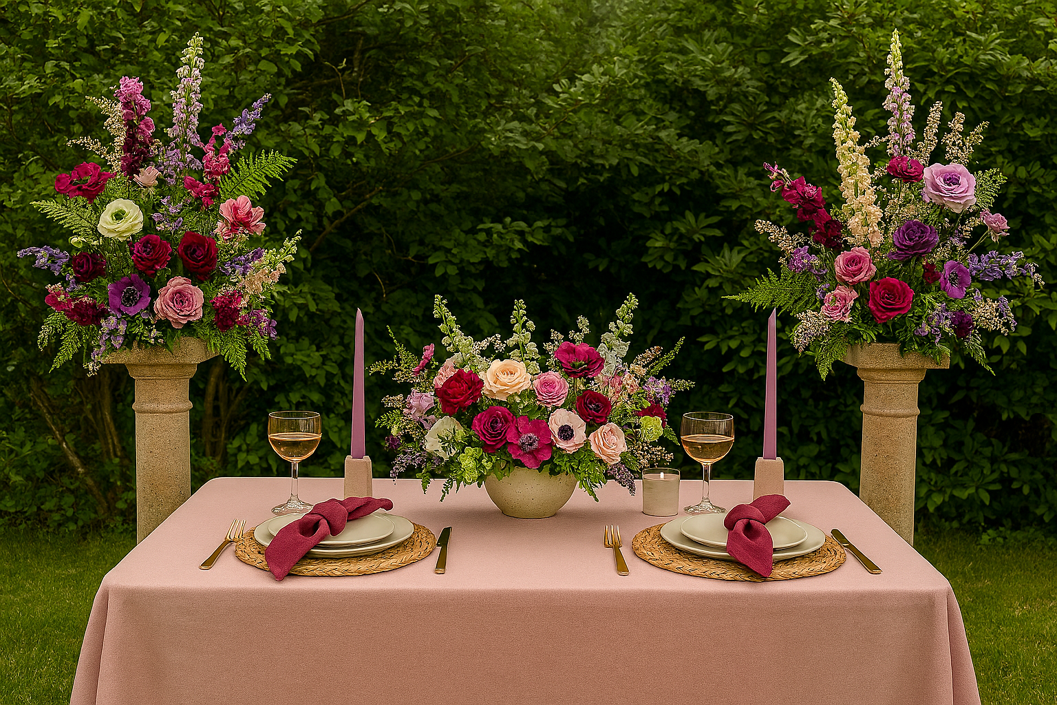 Elegant outdoor table setting with pink tablecloth, floral centerpiece, two large flower arrangements on stone pedestals, two pink candles, two glasses of white wine, two plates with gold flatware and pink napkins, surrounded by greenery.
