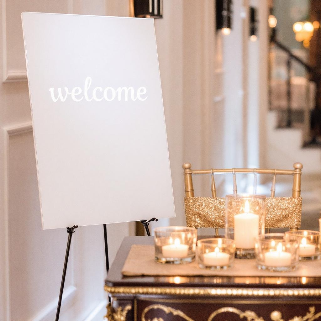 A welcome sign on a stand near a table decorated with lit candles in glasses, with gold chairs in the background.