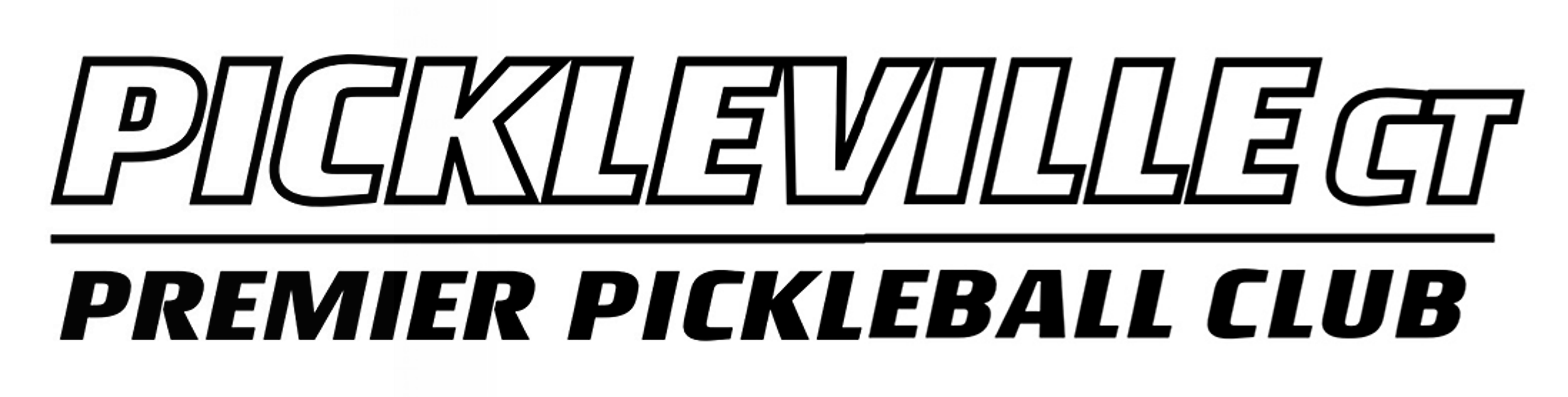 Logo for PickleVille GET, Premier Pickleball Club with bold black text on white background.