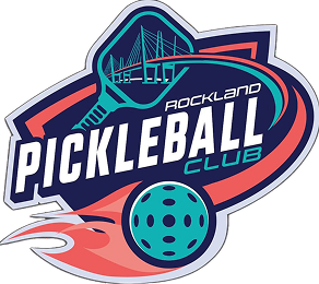 Logo of Rockland Pickleball Club featuring a bridge, a pickleball, and dynamic swooshes in blue, pink, and white.