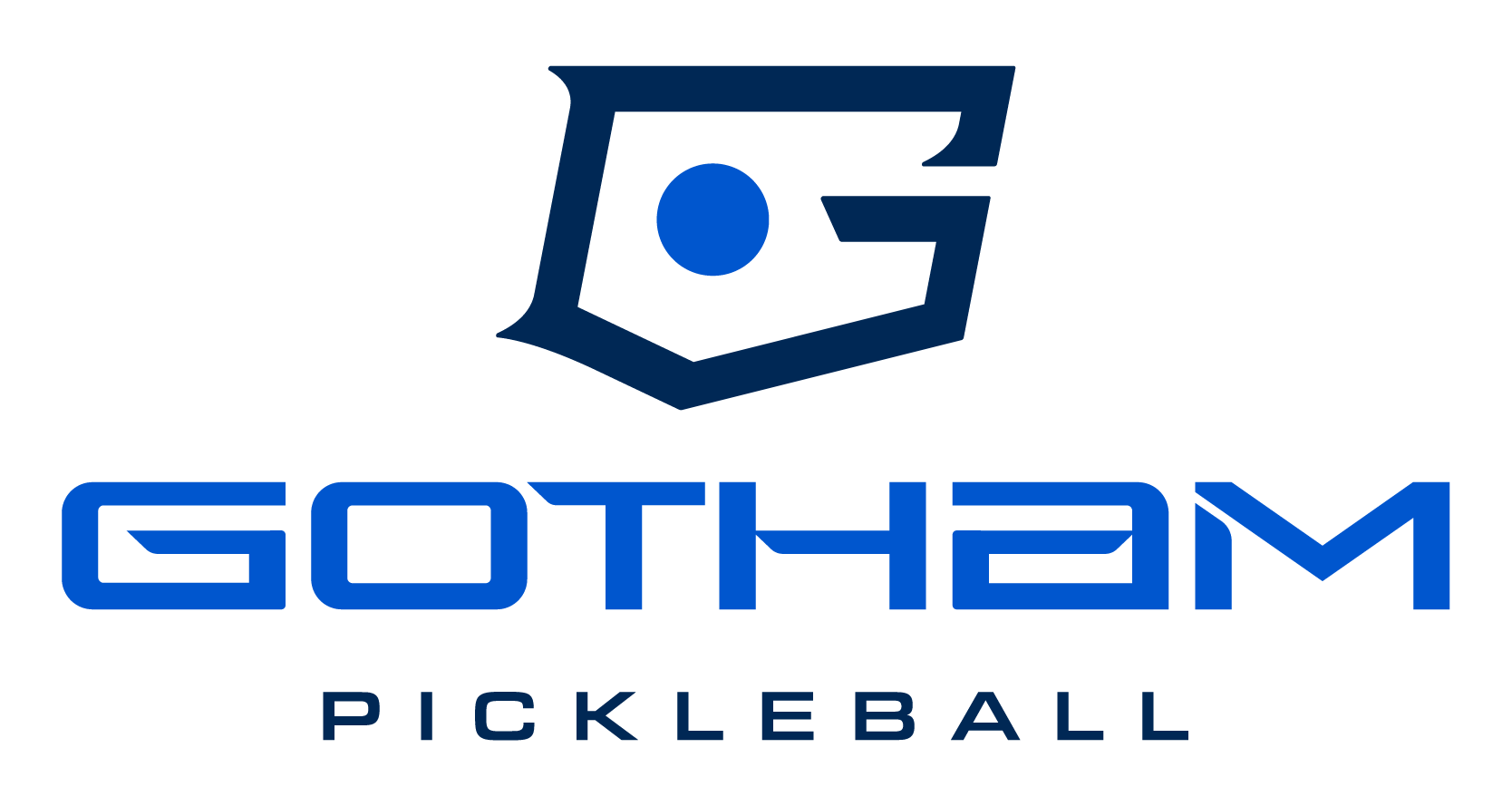 Gotham Pickleball logo featuring a stylized pickleball paddle with a blue dot in the center, and the words "Gotham Pickleball" in blue font.