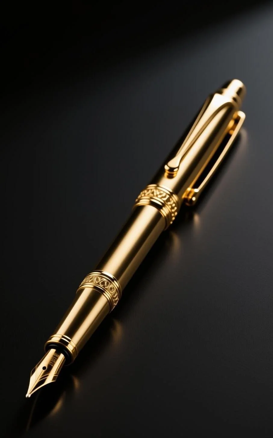 Close-up of a gold fountain pen with intricate detailing on a black background.