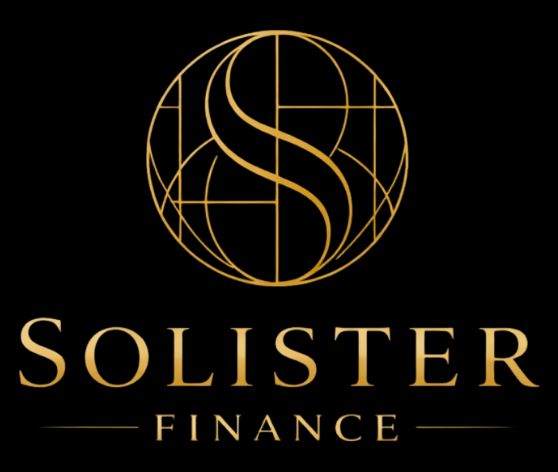 Gold logo for Solister Finance featuring a stylized globe with a dollar sign in the center, on a black background.