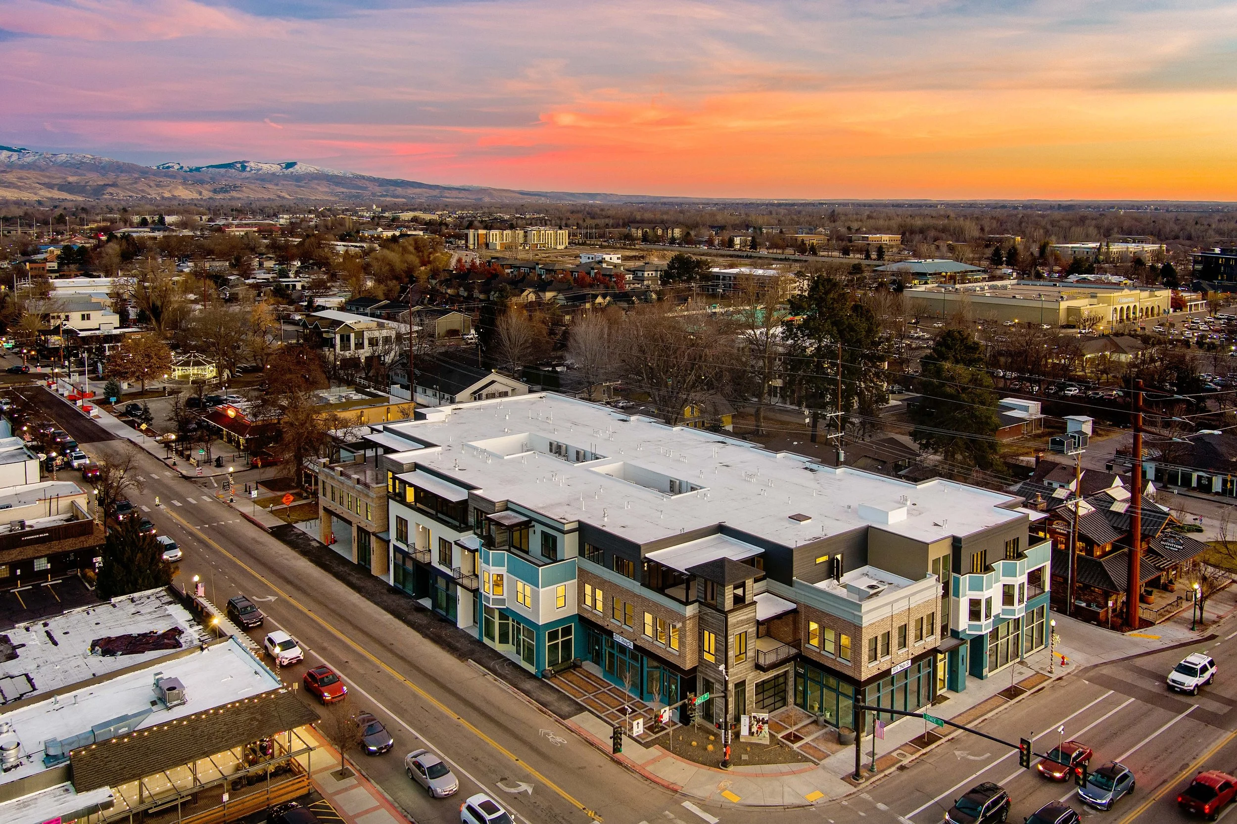 Aerial dusk view of The Hemingway and Downtown Eagle, Idaho.