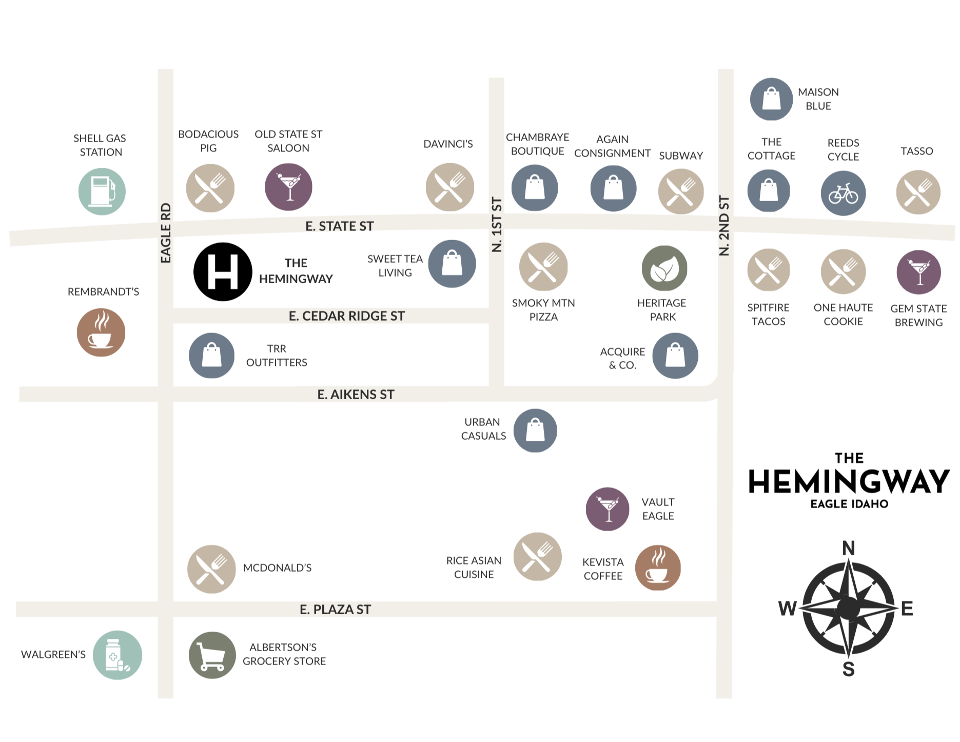 Map showing local businesses near The Hemingway in Downtown Eagle, Idaho.