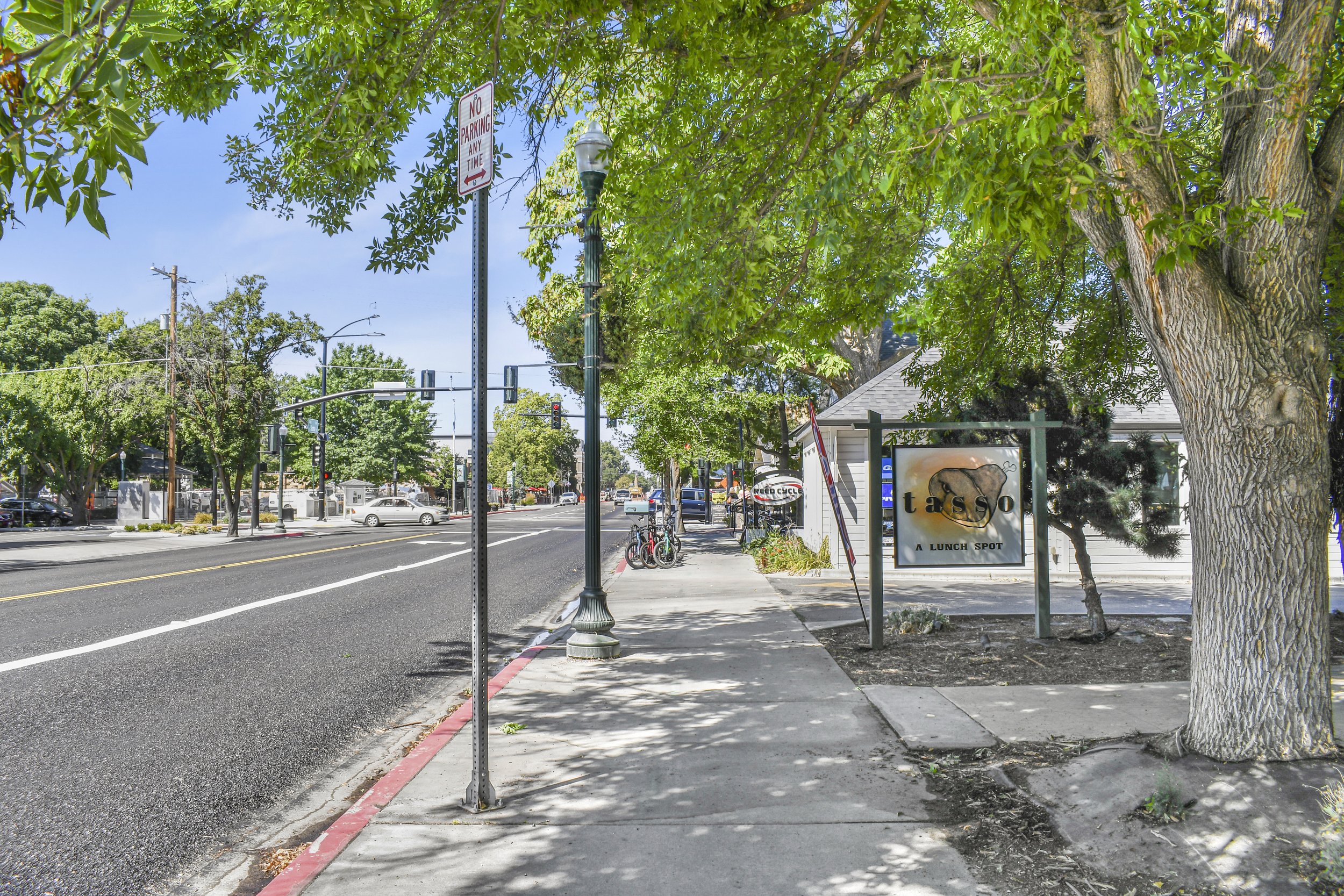 Street-level view of shops and sidewalks in Downtown Eagle, Idaho.