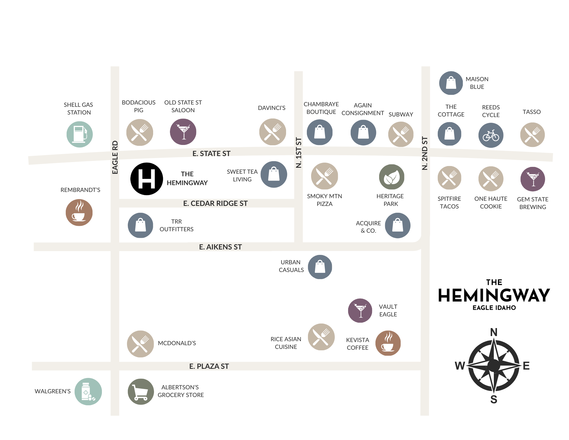 Locator map highlighting shops and dining near The Hemingway in Downtown Eagle.