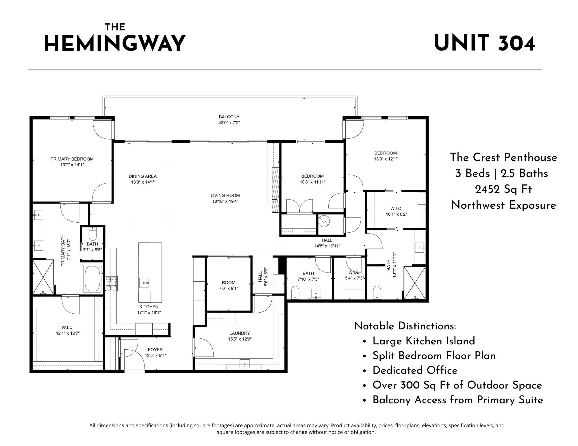Floor plan sketch of Unit 304 at The Hemingway in Downtown Eagle, Idaho.