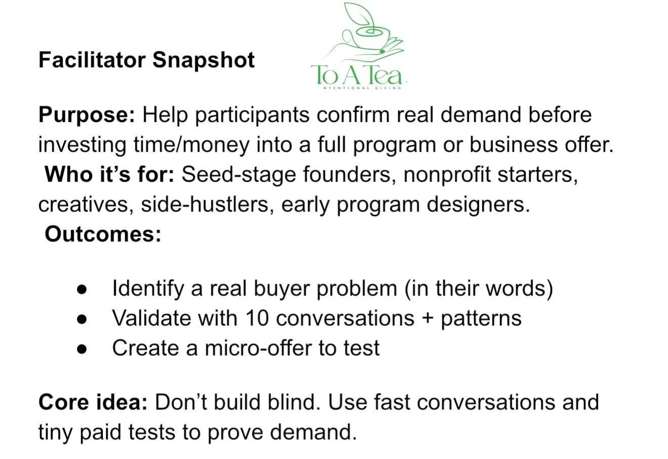 Day 2️⃣ of : 26 For &lsquo;26 Community Fundraiser

This is a snapshot of today&rsquo;s workshop &mdash; focused on validating ideas before investing time and money.

These are the kinds of tools and conversations our free workshops provide to seed-s