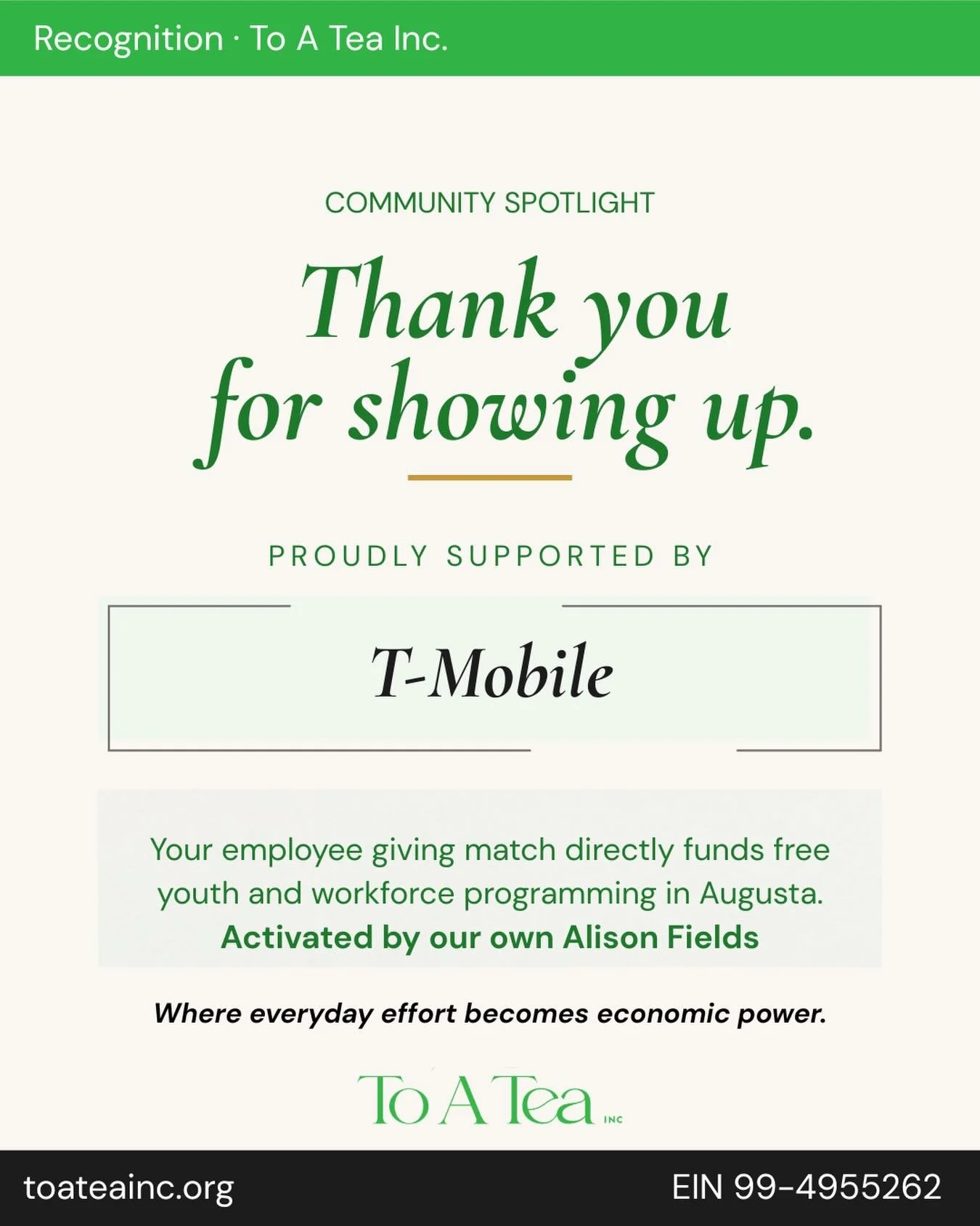Community Spotlight 🍃

To A Tea Inc. is proud to recognize T-Mobile for their support through the Benevity employee giving program.

When our very own Alison Fields logged volunteer hours in service of our mission @tmobile matched those hours with a