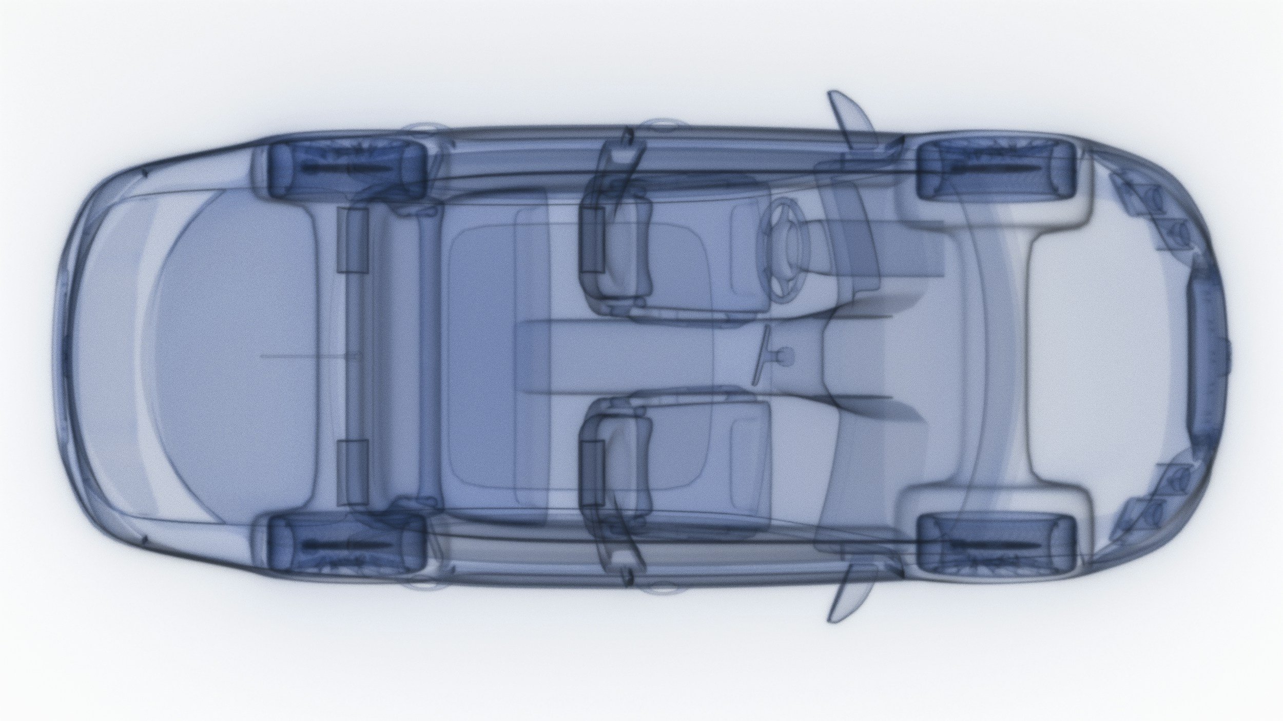 X-ray image of a vehicle showing interior and exterior details, including seats, steering wheel, and body structure.