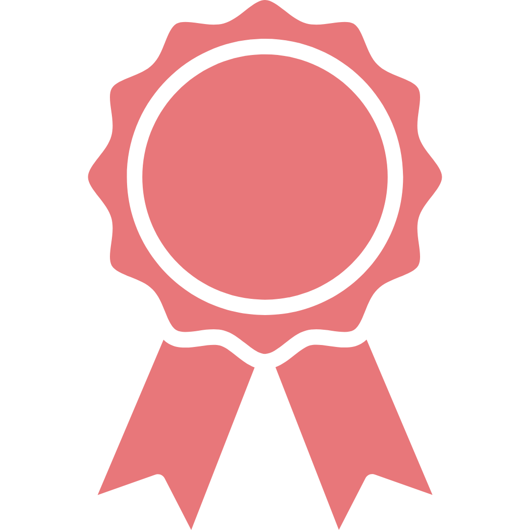 A pink award ribbon with a circular center and two ribbon tails.