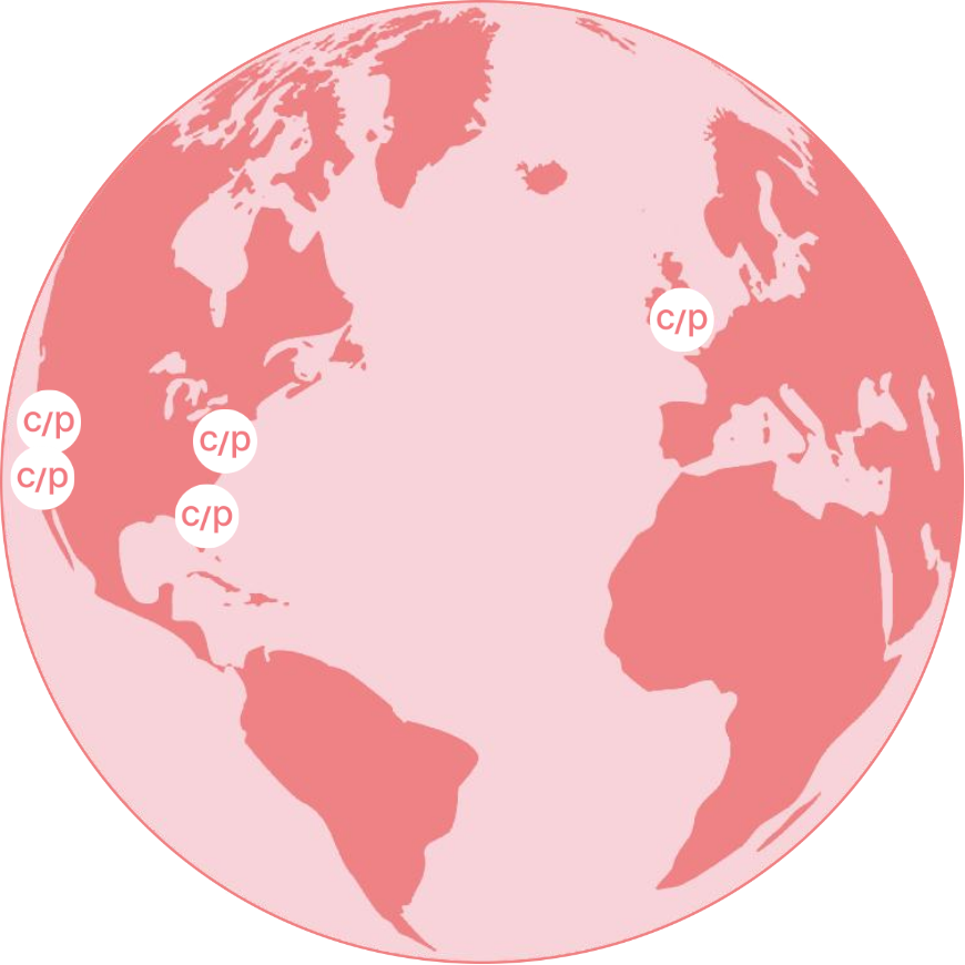 A world map highlighting specific locations with circles labeled 'c/p' in the United States, Mexico, and Spain.