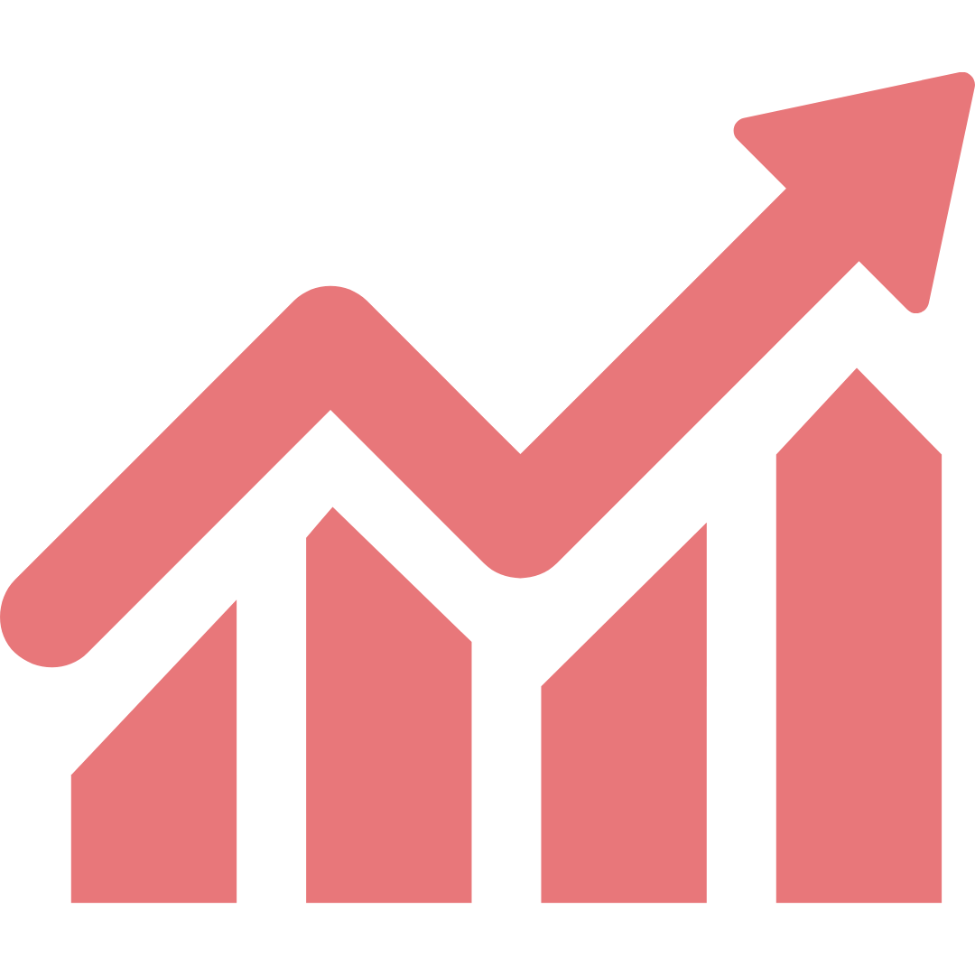 Pink bar chart with an upward trending arrow indicating growth or increase.