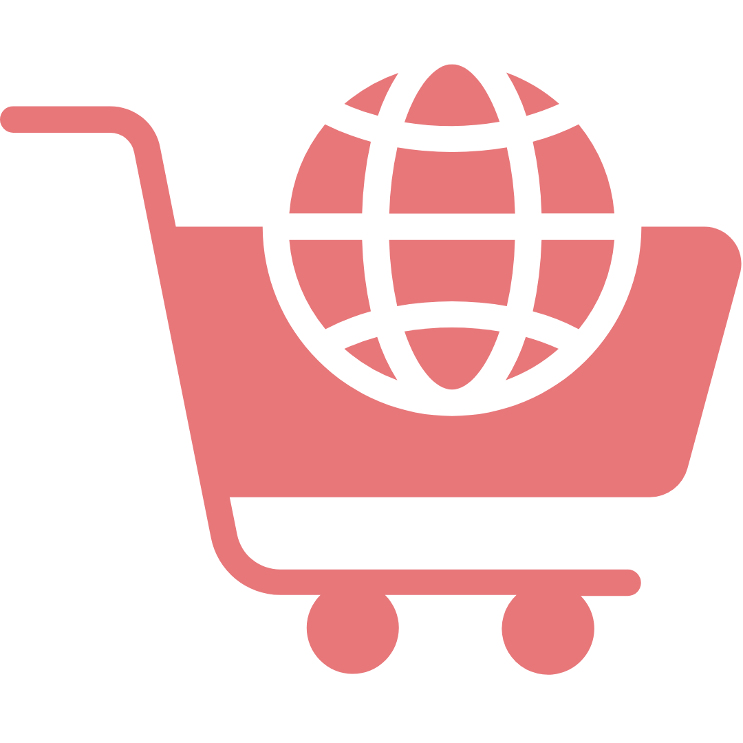 Shopping cart with a globe inside, symbolizing online shopping or global e-commerce.