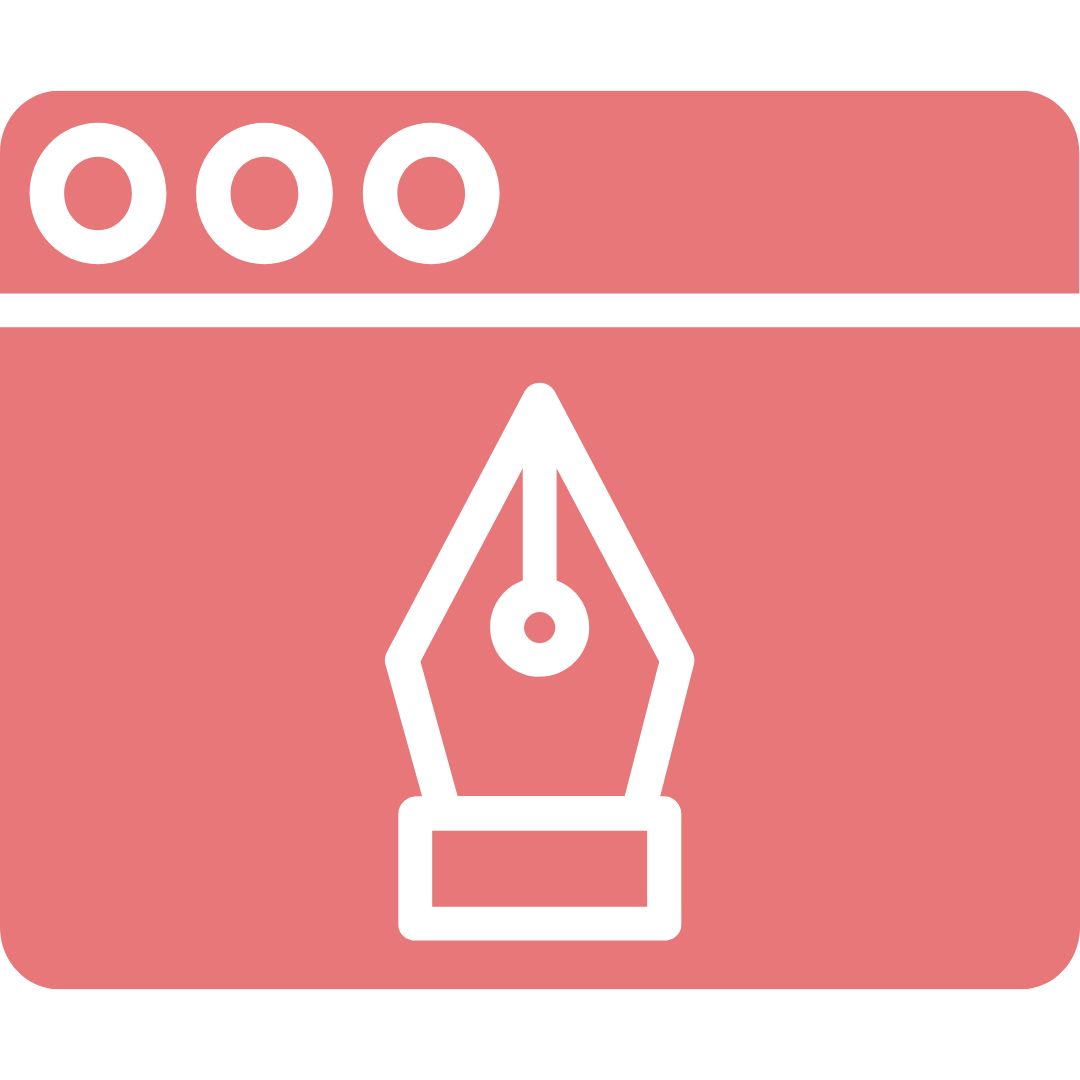 Graphic icon of a fountain pen nib on a pink background, with three black circles at the top.