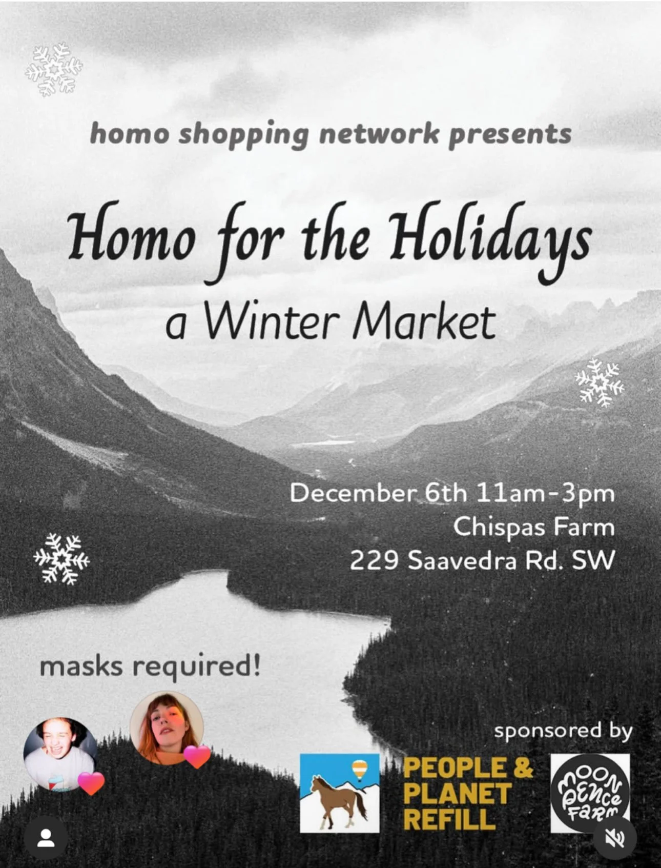 A promotional flyer for a winter market titled 'Homo for the Holidays' presented by Homo Shopping Network. The event is scheduled for December 6th from 11 am to 3 pm at Chispas Farm, located at 229 Saavedra Rd. SW. The flyer features a grayscale moun