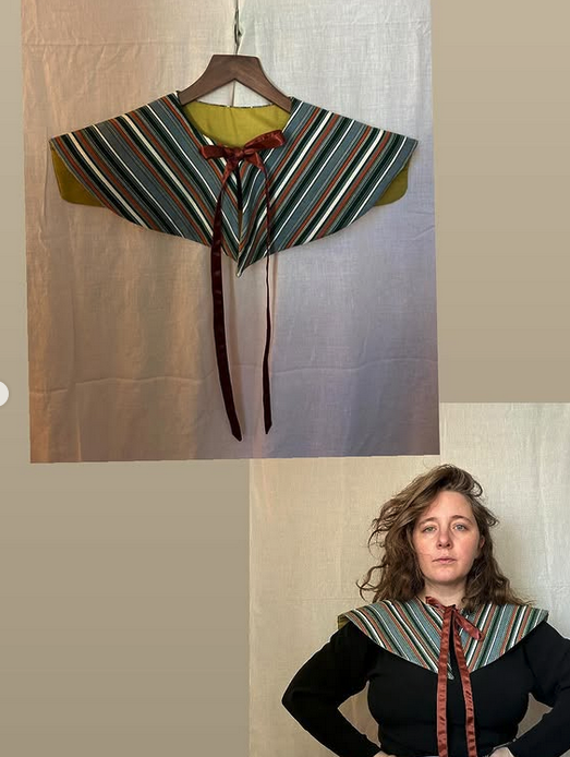 A striped blouse with a sailor-style collar, hanging on a hanger, and a woman wearing a similar blouse with a confident pose.