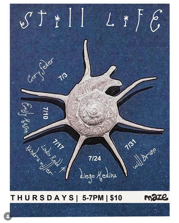 A promotional poster featuring a large starfish with handwritten names and dates around it. The top of the poster reads 'St*ll L*fe' with asterisks replacing the letters 'i'. The bottom includes details for an event on Thursdays from 5 to 7 PM with a