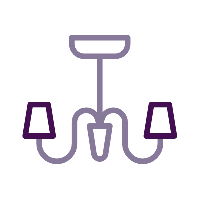 A simple line drawing of a chandelier with two lampshades.