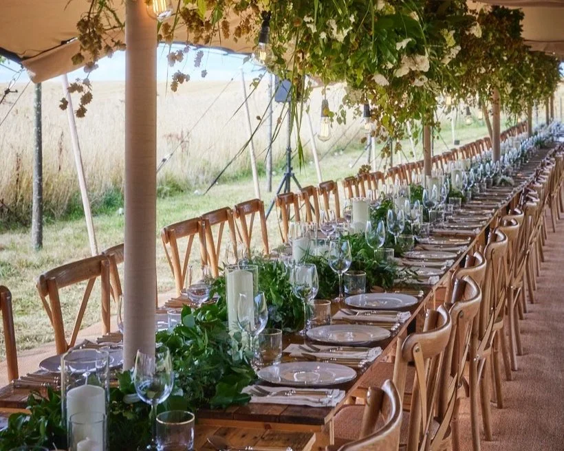 Long dining table set with white plates, wine glasses, and candles under a canopy decorated with green foliage and hanging lights.