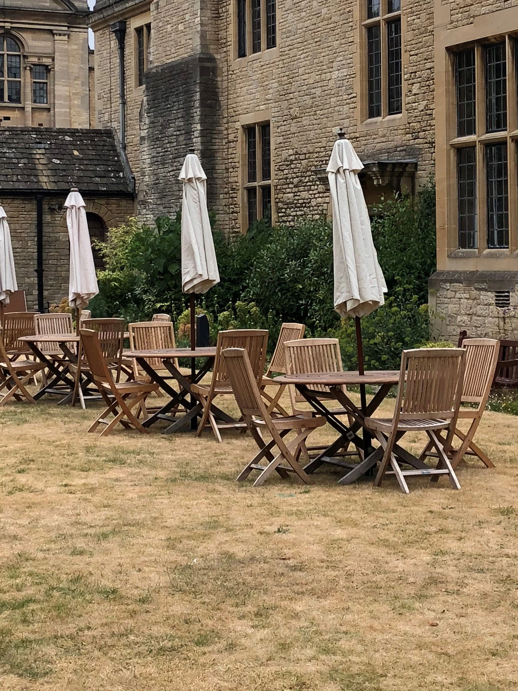 Teak sets with 4-6 chairs and either cream or taupe parasols are an excellent summer addition 