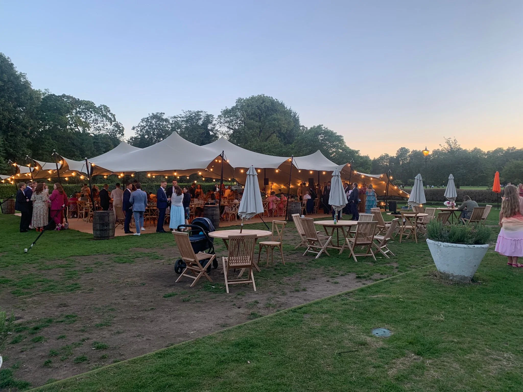 Festoon lighting around the edges of our tents bring the party to life at night. 