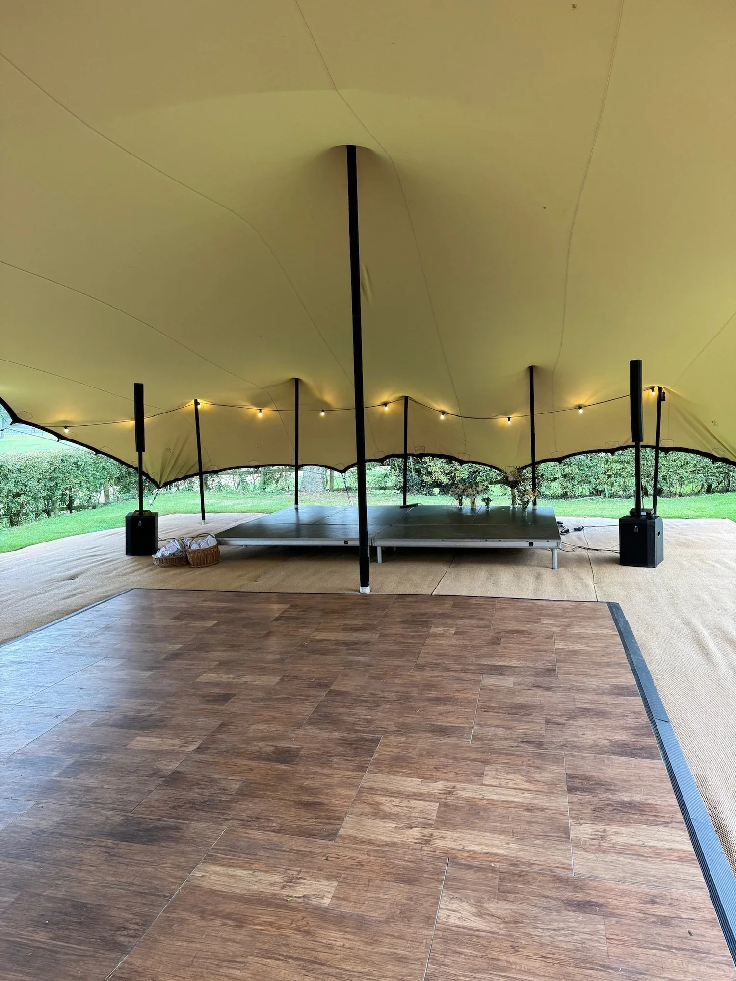 We have our own wooden parquet dance floors for a small party or a large event for 400 people. These are often accompanied by our staging and sound systems. 