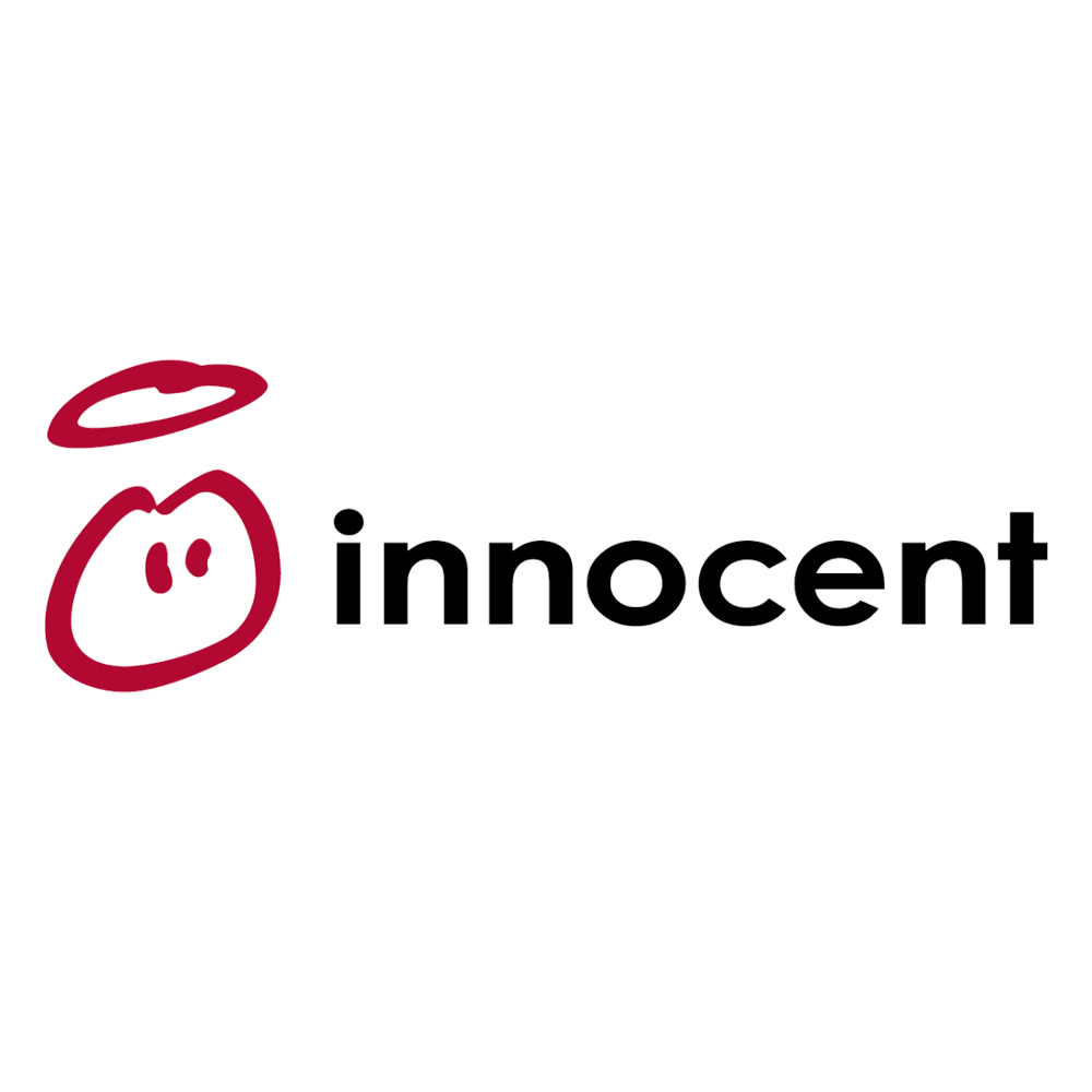 A logo with a simple, stylized pig face and halo in red, followed by the word 'innocent' in black lowercase letters.