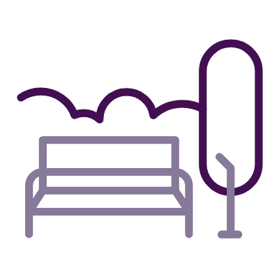 Minimalist illustration of a park bench with a tall tree and bush behind it.