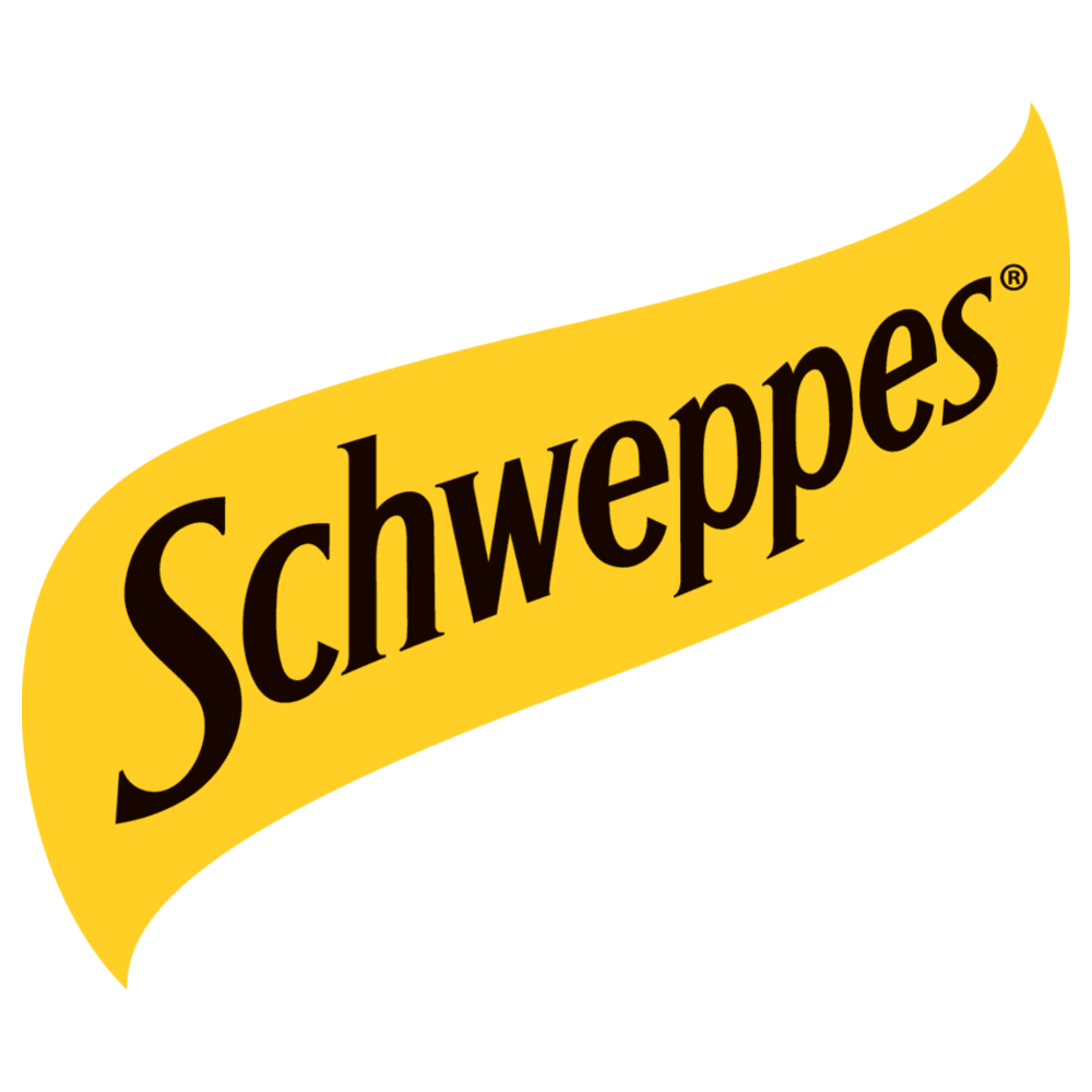 A yellow, curved banner with the word "Schweppes" written in bold black letters.