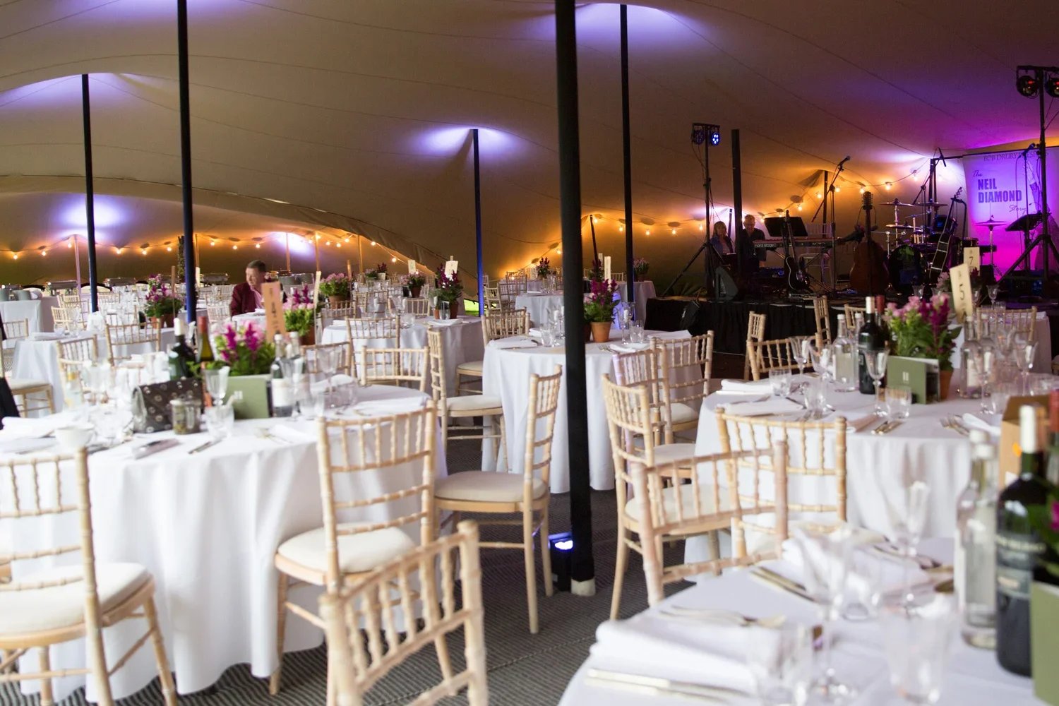 Wedding reception setup inside a large tent with round tables covered with white tablecloths, decorated with pink flowers, wine bottles, and glassware, with a stage and live band setup in the background decorated with purple lighting.