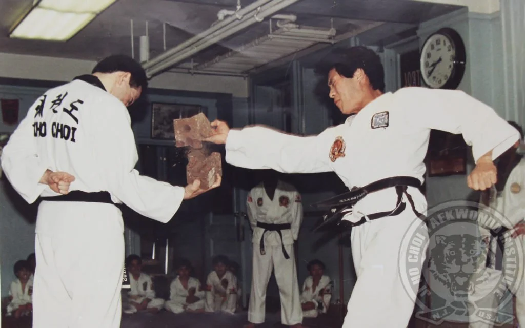 Grand Master Jiho Choi breaks a red brick using a knife hand strike.