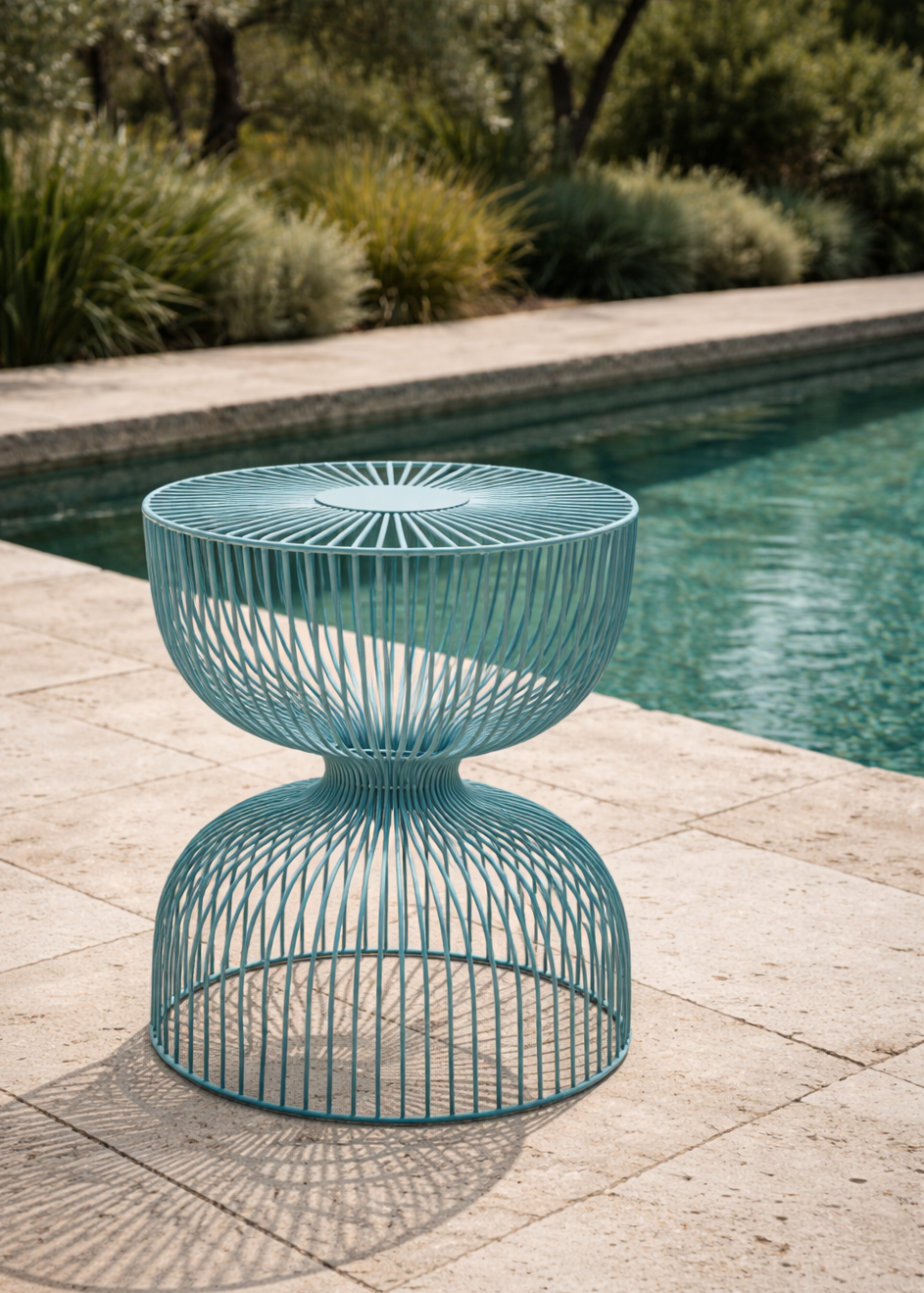 Blaue moderne Gartentisch neben Pool auf Steinterrasse, hinter Blumen und Bäumen.