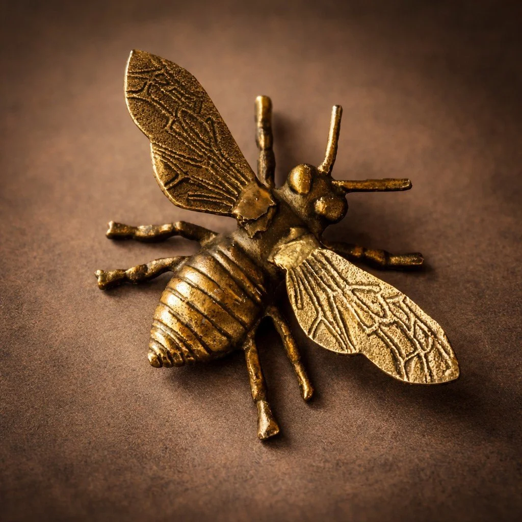 Eine goldene Metallskulptur einer Biene mit detaillierten Flügeln, Beinen und Körper auf einem dunklen Hintergrund.