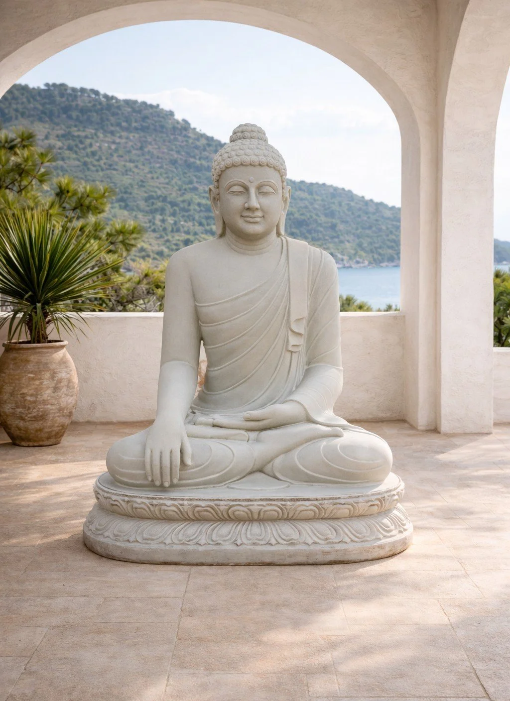 Eine weiße Buddhastatue in einer sitzenden Haltung auf einer Plattform, im Hintergrund Landschaft mit Bergen und Wasser, unter einem Bogen auf einer Terrasse mit Pflanze im Topf.