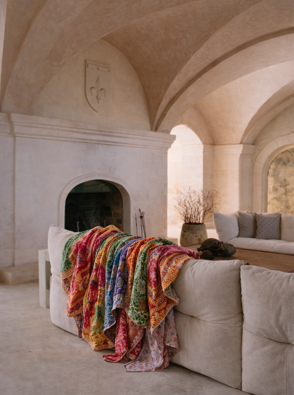 Innenansicht eines Wohnzimmers mit Kamingarnitur, bunten Tüchern auf einem Sofa, einer Vase mit Zweigen, und architektonischen Rundbögen an der Decke.