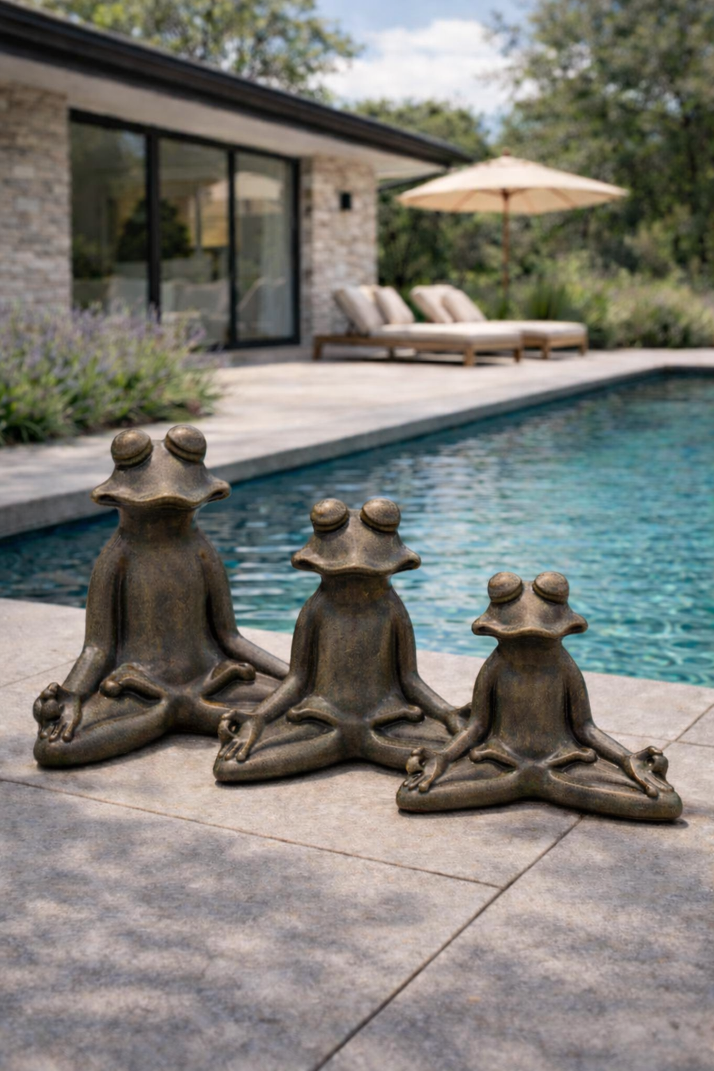 Drei bronze-farbene Froschskulpturen in einer Meditation Haltung am Pool, im Hintergrund eine Liege mit Sonnenschirm und ein Haus mit großen Fenstern, umgeben von Bäumen.