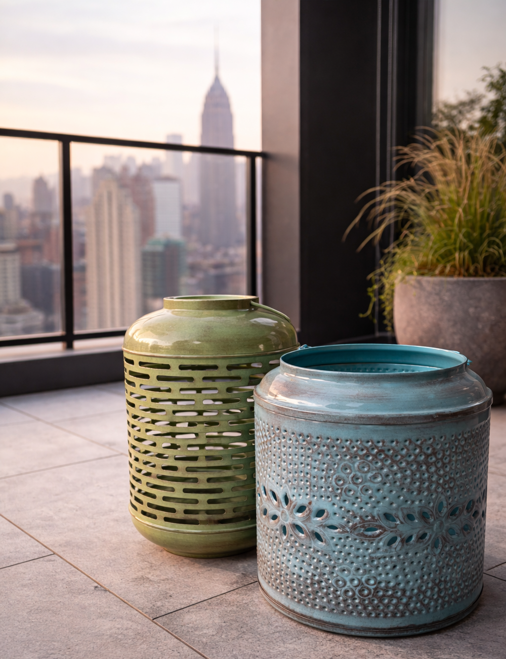 Blick auf einen Balkon mit zwei dekorativen Keramikbehältern, im Hintergrund die Skyline von New York mit dem Empire State Building bei Sonnenuntergang, ein großer Pflanzkübel mit Grünpflanzen.