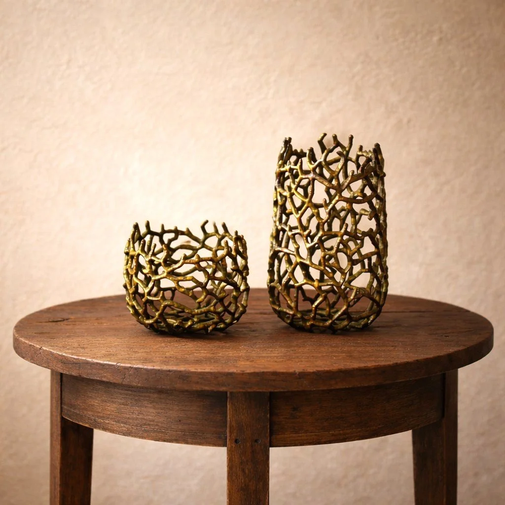 Zwei goldene, filigrane Kerzenhalter auf einem runden Holztisch