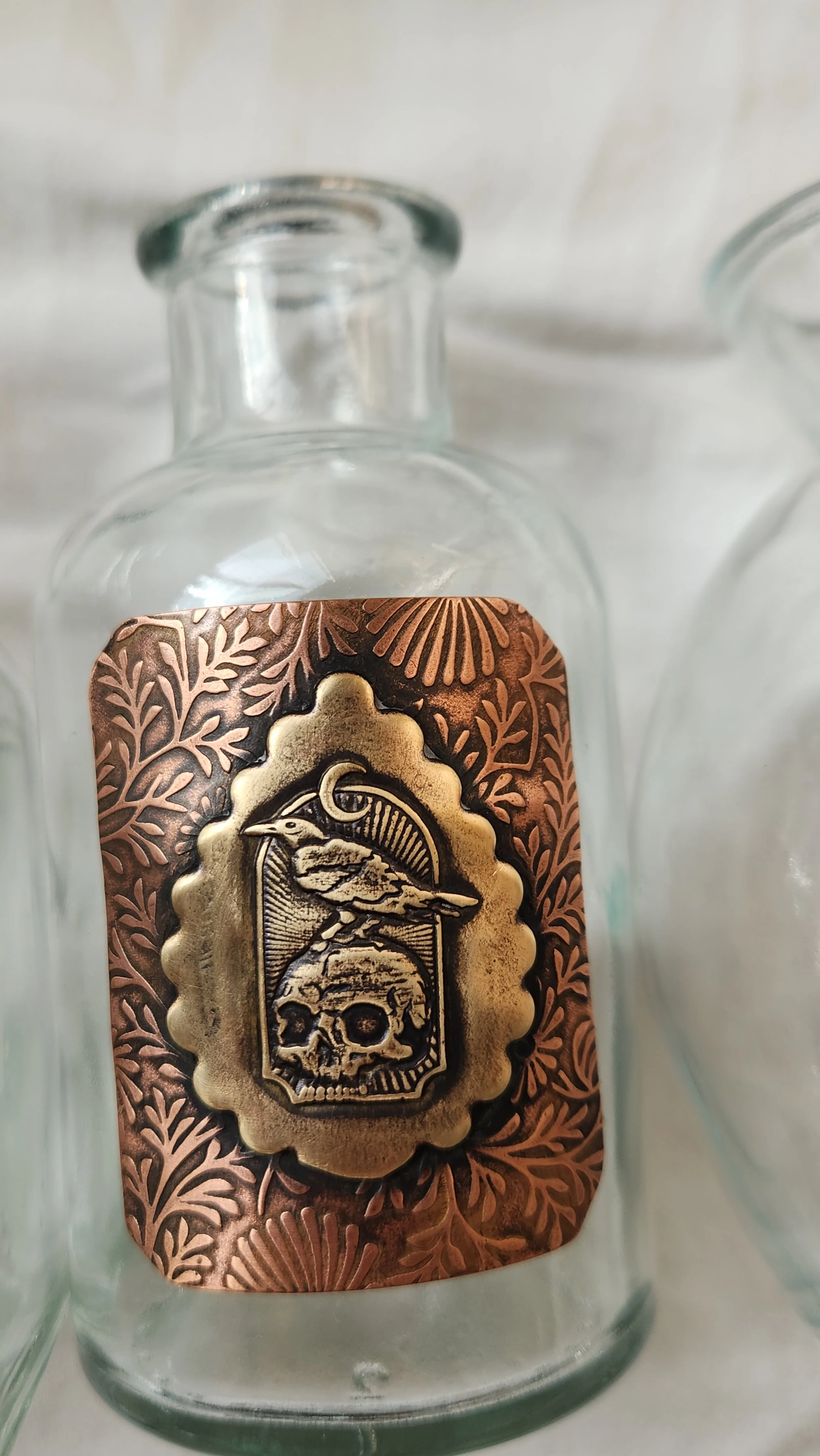 Glass propagation vase with die struck brass and copper depicting a raven and skull with gothic floral background.