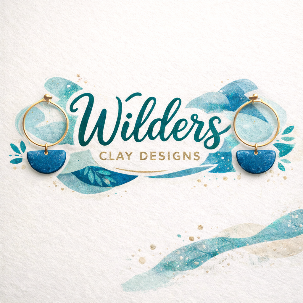 Watercolor graphic with gold hoop earrings featuring blue semi-circular clay pendants, and the text "Widders Clay Designs" in a stylish font.