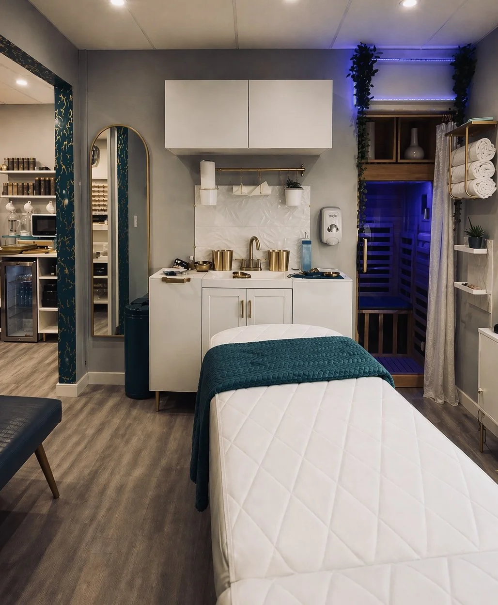 Luxury esthetician treatment room with facial bed, infrared sauna, and apothecary wall designed for skincare, beauty, and wellness services.