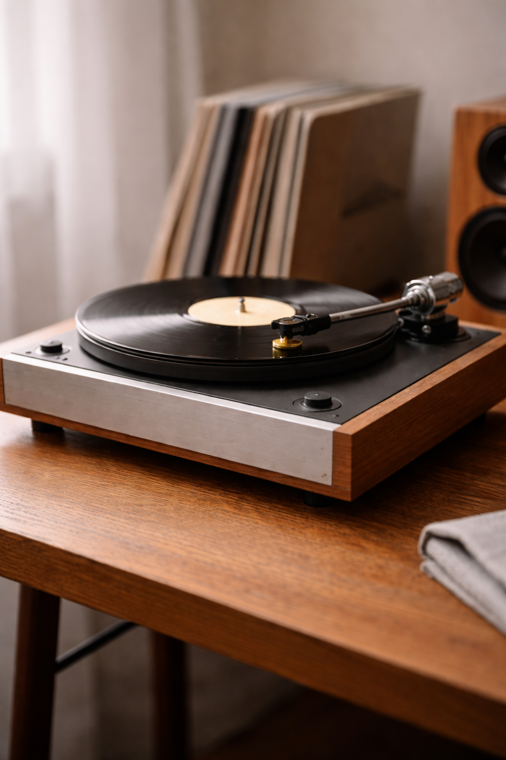 Minimalist turntable on a wooden surface, lit by soft natural light, with speakers and record sleeves in the background.