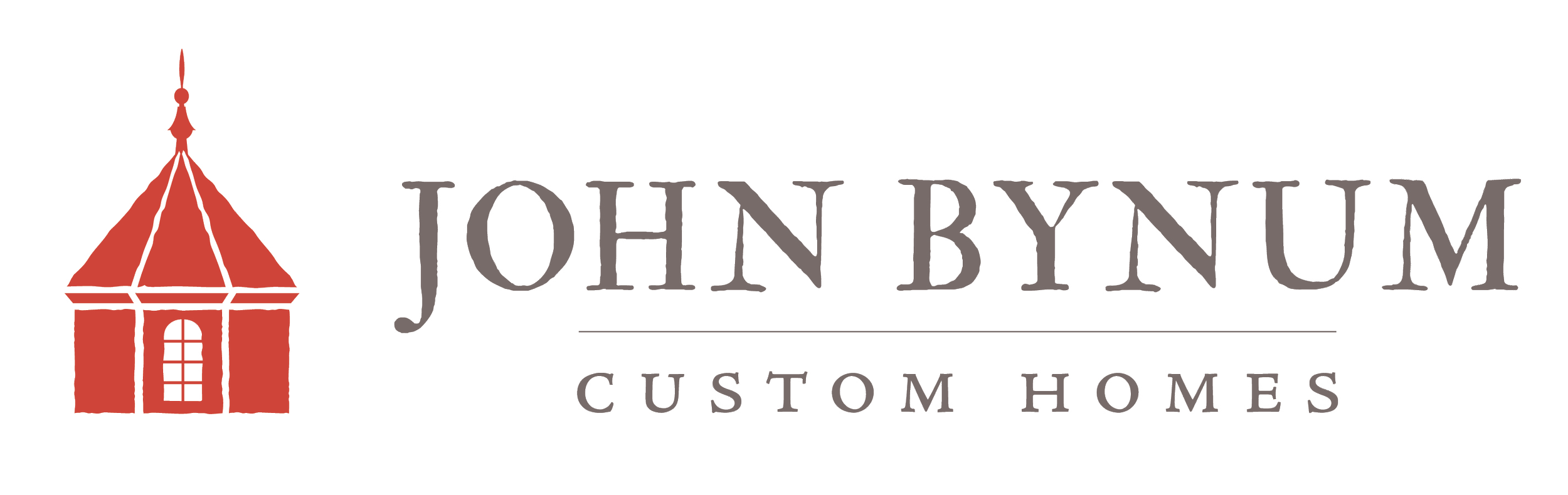 Logo for John Bynum Custom Homes featuring a red house with a pointed roof and the company name in gray text.