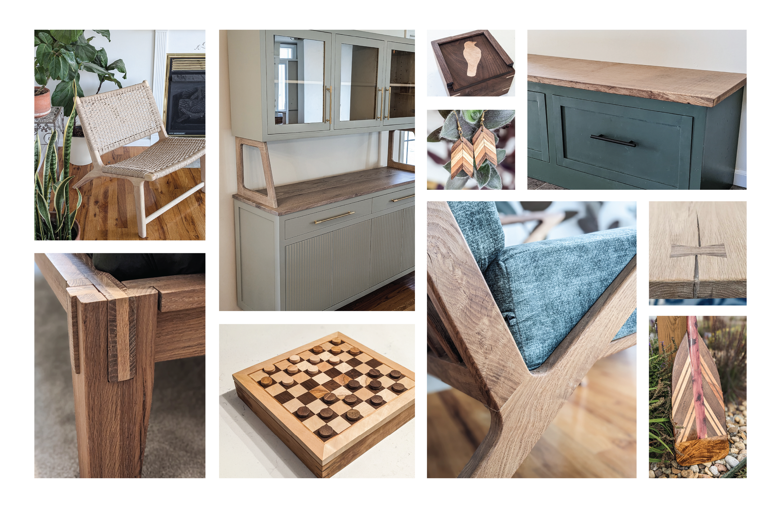Collage of furniture and decor items including a cane chair, a vintage cabinet with glass doors, a small box with an inlay, a green painted wooden dresser with a wood top, a close-up of a wooden joint, a chessboard, a modern armchair with wooden frame and blue fabric, a wooden arrow sculpture, and hanging feather earrings.