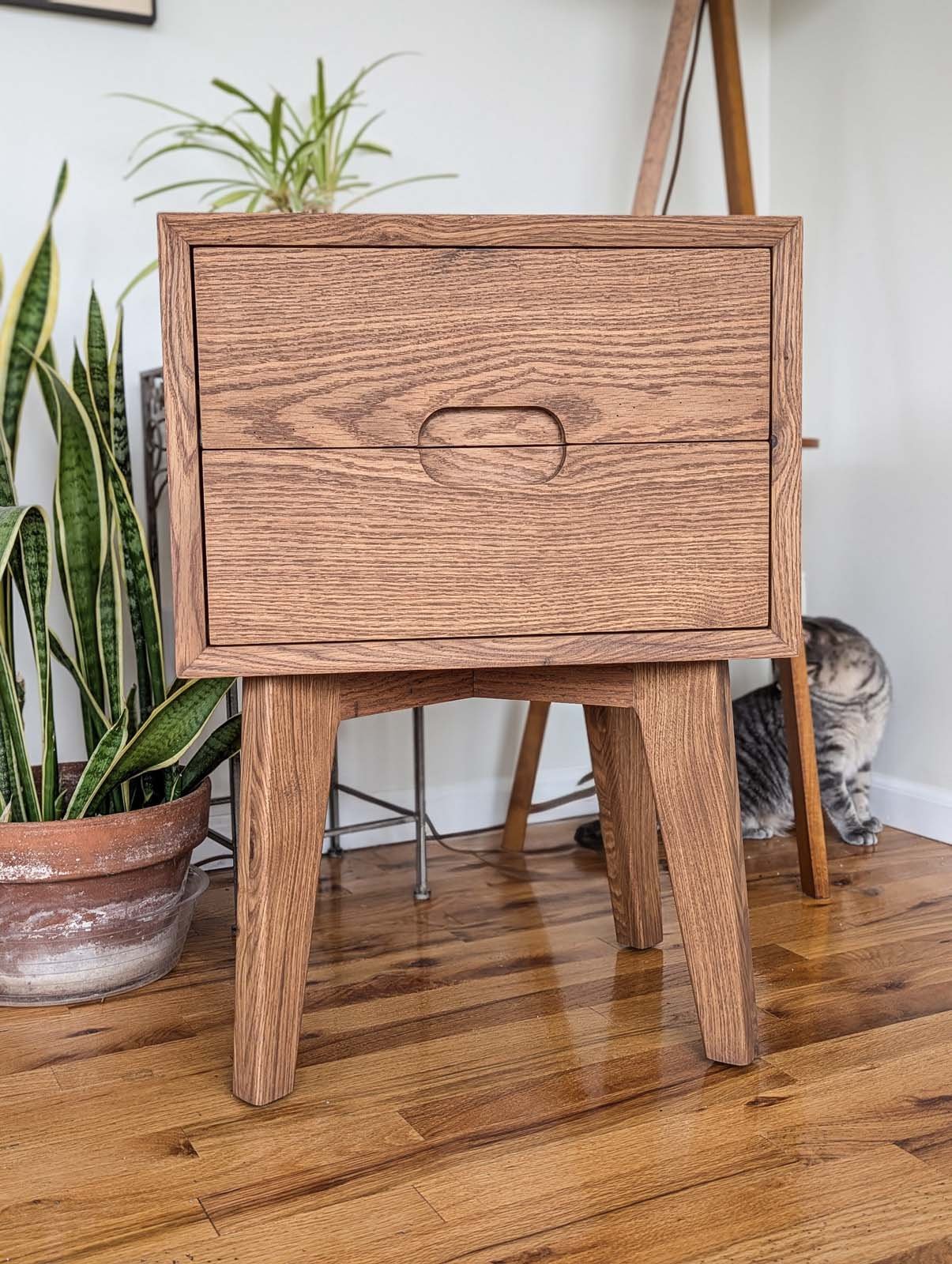 A wooden nightstand with a drawer, standing on four angled legs, placed on a hardwood floor in front of a white wall. There are green potted plants and a cat in the background.