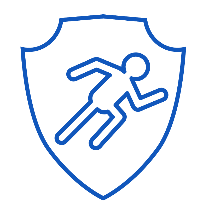 A shield with an outline of a running person inside.