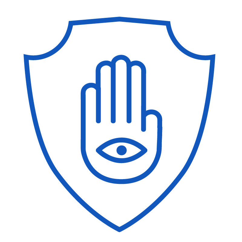 A black and blue shield emblem with a raised hand and an eye symbol on the palm.