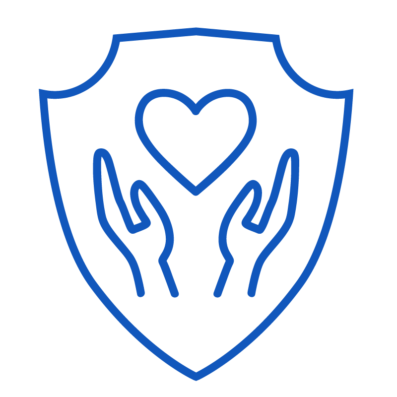 Outline drawing of two hands holding a heart inside a shield-shaped frame.